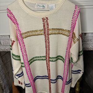 Vintage VTG 80s 90s Cream rainbow sequined Crew Neck Sweater Decorative Trim